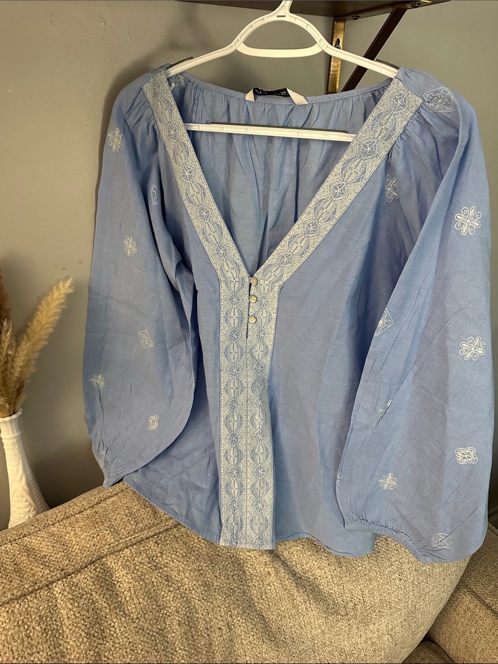 Zara Light Blue Embroidered V-Neck Peasant Blouse